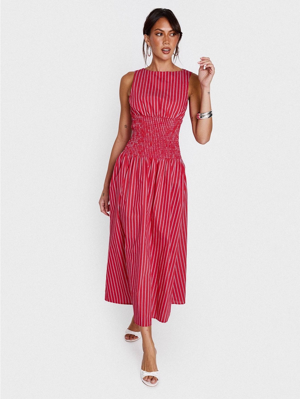 Princess Polly Red Striped Smocked Midi Dress